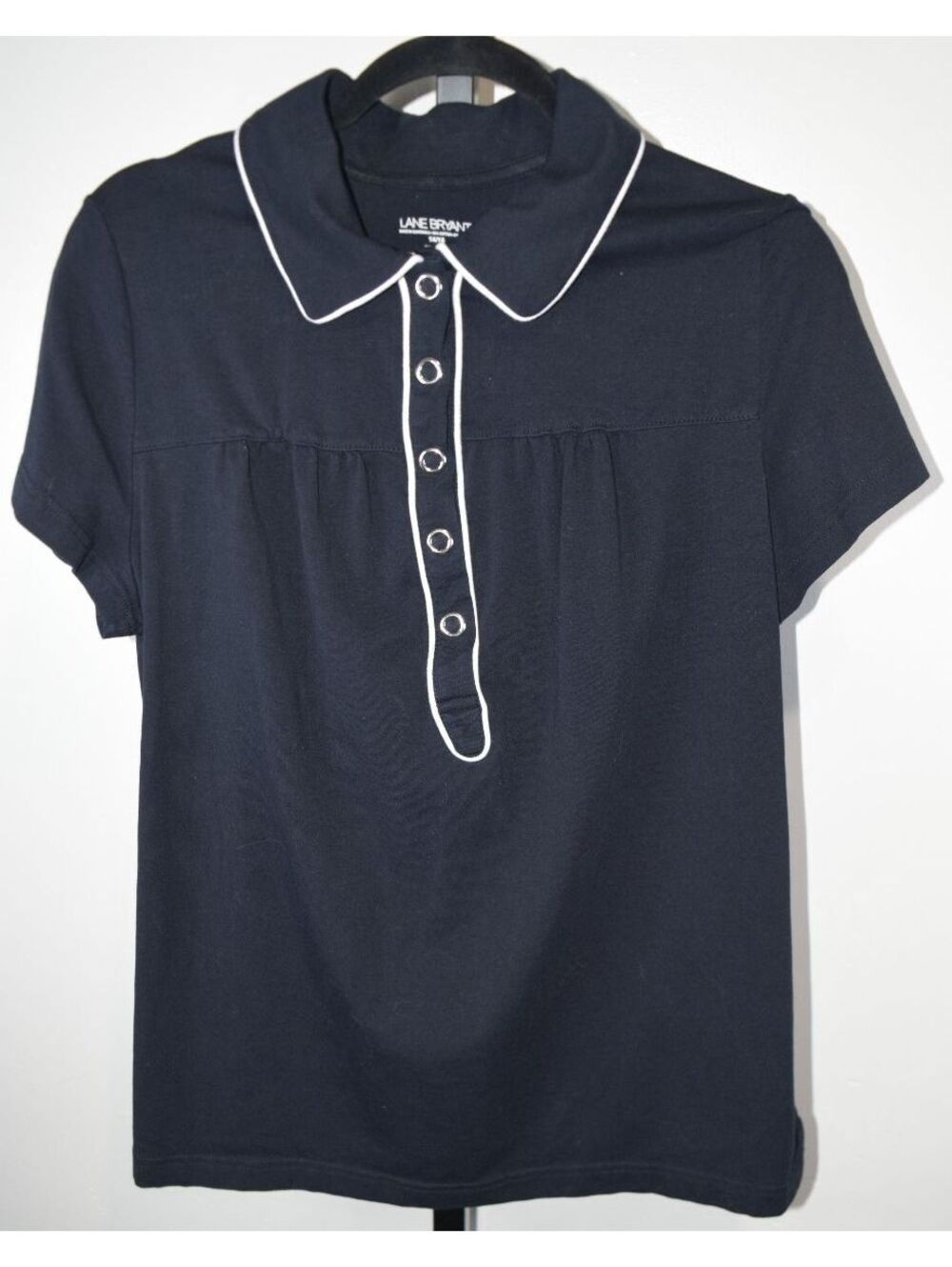 Lane Bryant Navy White Piped Collared Polo Top 14/16 Snap Front Short Sleeve